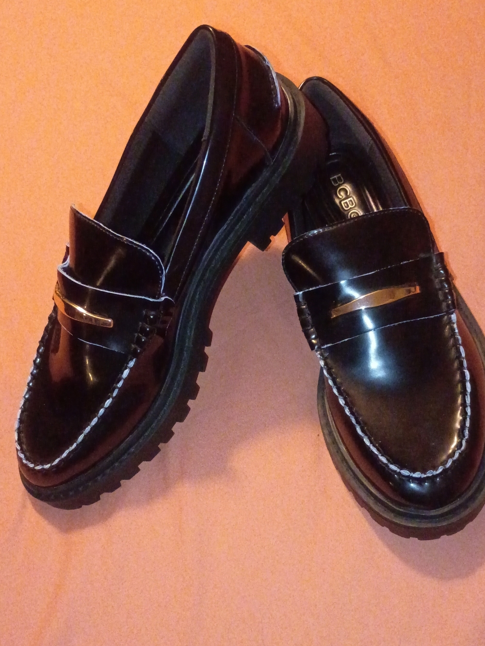 BCBG Black Patent Leather Penny Loafers with Gold Accent